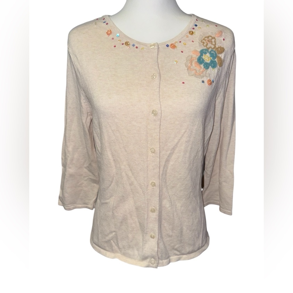 Linden Hill Embellished Sweater Cardigan Sz Medium sequins heathered oatmeal